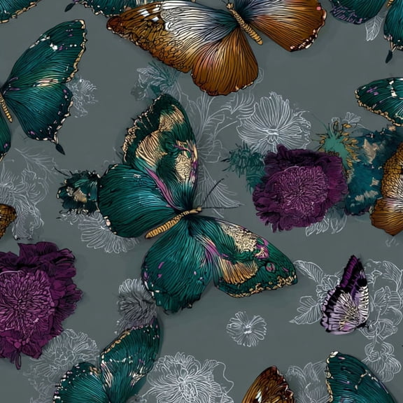 Peel and Stick Wallpaper Butterflies Floral Teal Gold Purple Botanical Wall Mural 23.6in x 9.8ft Self Adhesive Removable Wall Paper Renter Friendly Wallpaper for Bedroom Livingroom Office Studio