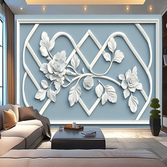 Peel and Stick Wallpaper Canvas 14 3D Floral Motifs Vines Leaf Patterns Scrollwork Diamond Shape Modern Art Wall Mural Decor Self Adhesive and Removable 100in x 144in