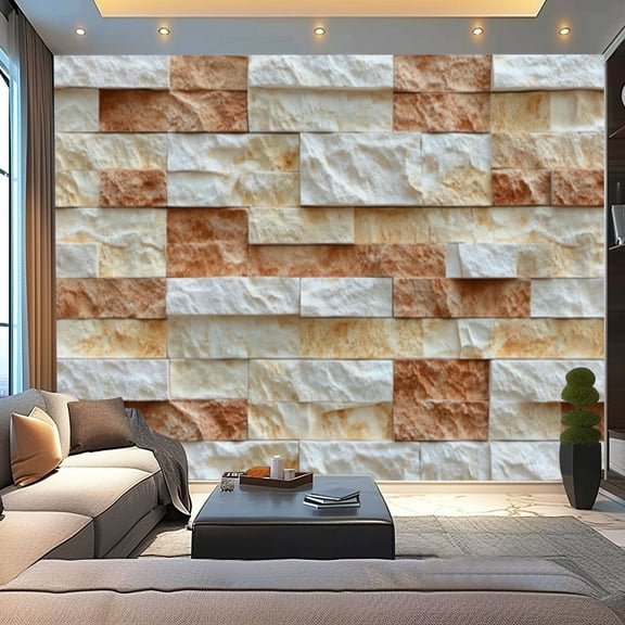 Peel and Stick Wallpaper Canvas 3D Brick Faux Stone Rock Color Rough Stone Rectangular Blocks Brown Modern Art Wall Mural Decor Self Adhesive and Removable 100in x 144in