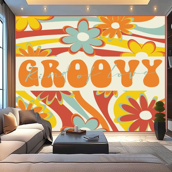 Peel and Stick Wallpaper Canvas 70 s retro rainbow flowers print groovy slogan Vintage hippie floral Modern Art Wall Mural Decor Self Adhesive and Removable 100in x 144in