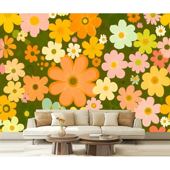 Peel and Stick Wallpaper Canvas 70s Retro Flower Seamless Groovy Vintage Floral Repeat Flowers Flowers Modern Art Wall Mural Decor Self Adhesive and Removable 69in x 98in