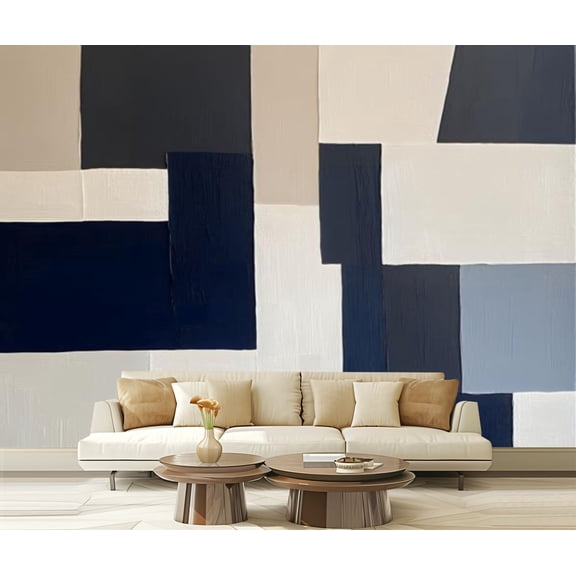 Peel and Stick Wallpaper Canvas Abstract Modern Blue Rectangular Blocks White Rectangular Blocks Beige Modern Art Wall Mural Decor Self Adhesive and Removable 69in x 98in