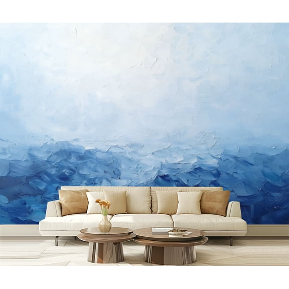 Peel and Stick Wallpaper Canvas Abstract Modern Blue Seascape Ocean Theme Blue Ocean Waves Misty Modern Art Wall Mural Decor Self Adhesive and Removable 69in x 98in