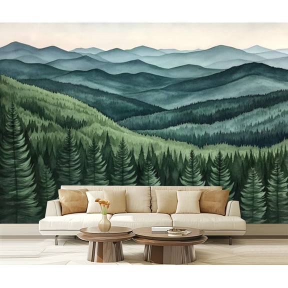 Peel and Stick Wallpaper Canvas Abstract Mountain Nature Green Landscape Mountain Scene Mountain Modern Art Wall Mural Decor Self Adhesive and Removable 69in x 98in
