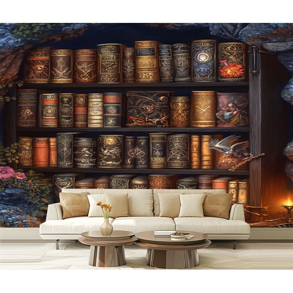 Peel and Stick Wallpaper Canvas Ancient Study Dark Wooden Bookshelf Enigmatic Charm Modern Art Wall Mural Decor Self Adhesive and Removable 69in x 98in