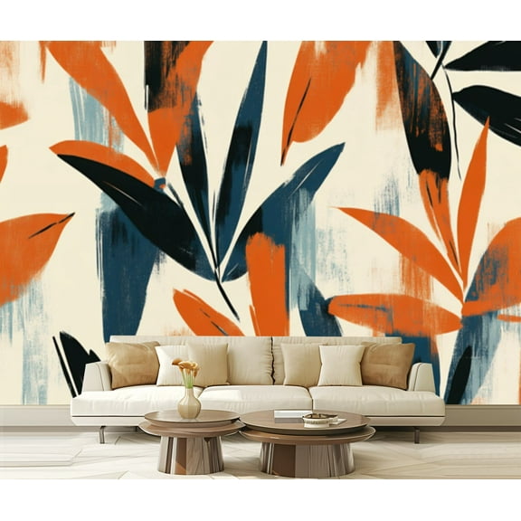 Peel and Stick Wallpaper Canvas Astrilde Multicolor Abstract Leaves Curved Branches Small Flowers Modern Art Wall Mural Decor Self Adhesive and Removable 69in x 98in
