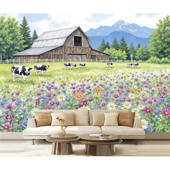 Peel and Stick Wallpaper Canvas Barn Farmhouse Green Nature Farm Cow Scenery Colorful Flowers Barn Modern Art Wall Mural Decor Self Adhesive and Removable 69in x 98in