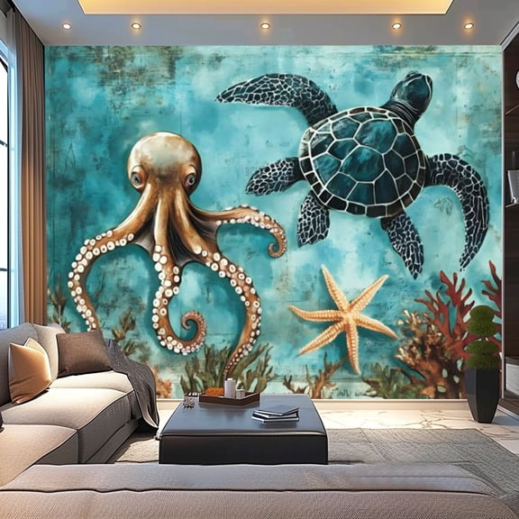 Peel and Stick Wallpaper Canvas Beach Decor Ocean Sea Turtle Octopus Coastal Teal Vintage Whale Modern Art Wall Mural Decor Self Adhesive and Removable 100in x 144in