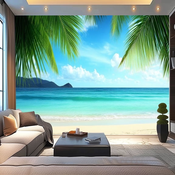 Peel and Stick Wallpaper Canvas Beach Scene Dusk Waves Palm Leaves Ocean Waves Sky Sunlight Distant Modern Art Wall Mural Decor Self Adhesive and Removable 100in x 144in