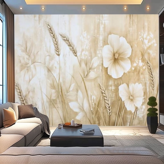 Peel and Stick Wallpaper Canvas Beige Flower Watercolor Flower Honey Wheat Yellow Delicate Flowers Modern Art Wall Mural Decor Self Adhesive and Removable 100in x 144in