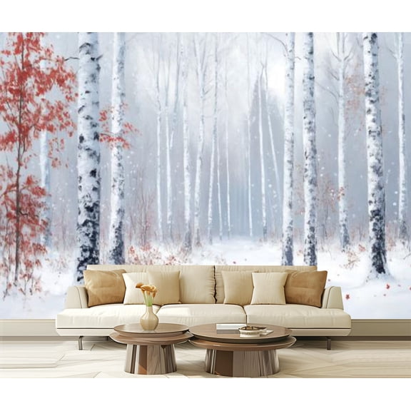 Peel and Stick Wallpaper Canvas Birch Tree White Landscape Grey Fall Forest Leaves Red Leaf Nature Modern Art Wall Mural Decor Self Adhesive and Removable 69in x 98in