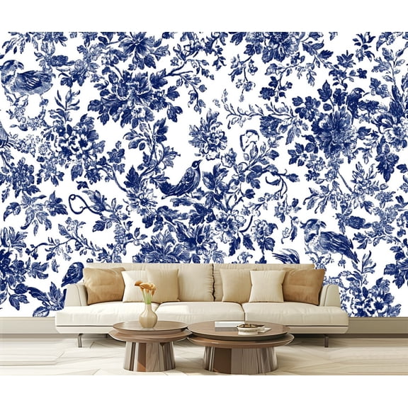 Peel and Stick Wallpaper Canvas Birds Flowers Branches Leaves Botanical Motifs Hand drawn Ornate Modern Art Wall Mural Decor Self Adhesive and Removable 69in x 98in