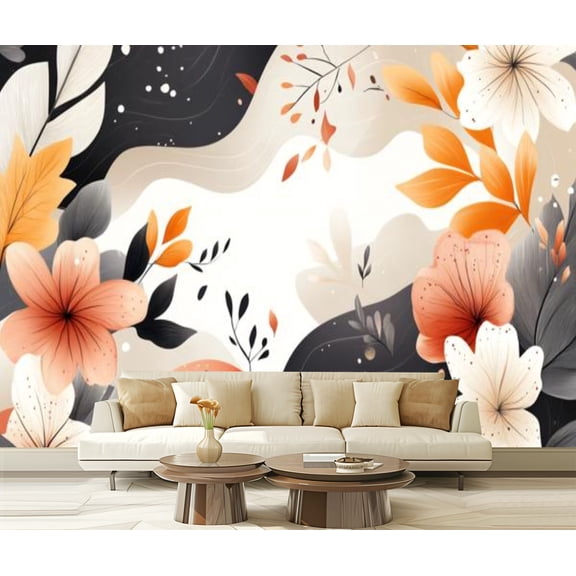 Peel and Stick Wallpaper Canvas Black Abstract Shapes Floral Motifs Diamond Patterns Repetitive Modern Art Wall Mural Decor Self Adhesive and Removable 69in x 98in