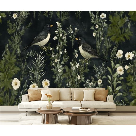 Peel and Stick Wallpaper Canvas Black Neutral Meadow Song Birds Flowers Foliage Symmetrical Delicate Modern Art Wall Mural Decor Self Adhesive and Removable 69in x 98in