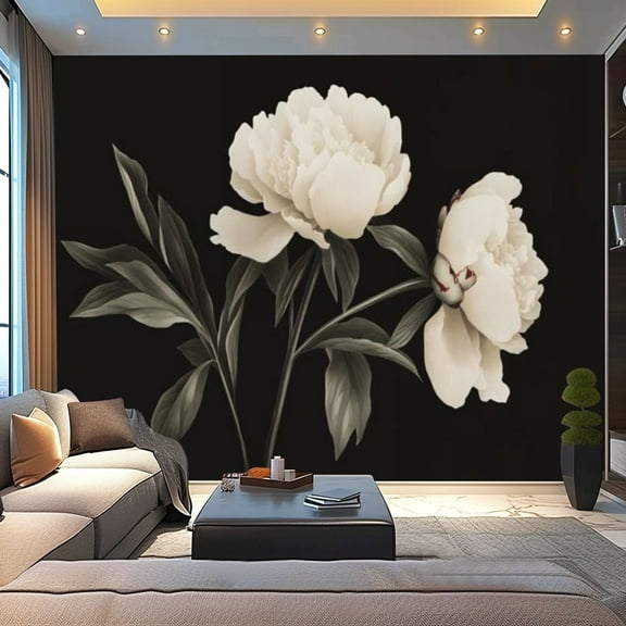 Peel and Stick Wallpaper Canvas Black Vintage Dark Contact Floral Peonies Buds Leaves Stems Petals Modern Art Wall Mural Decor Self Adhesive and Removable 100in x 144in