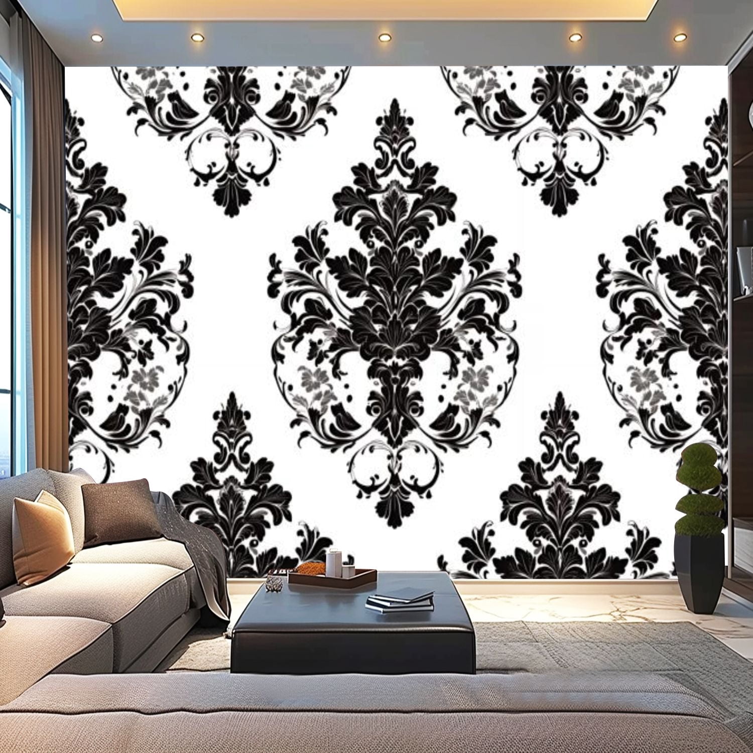 Peel and Stick Wallpaper Canvas Black White Damask Multicolor Floral ...