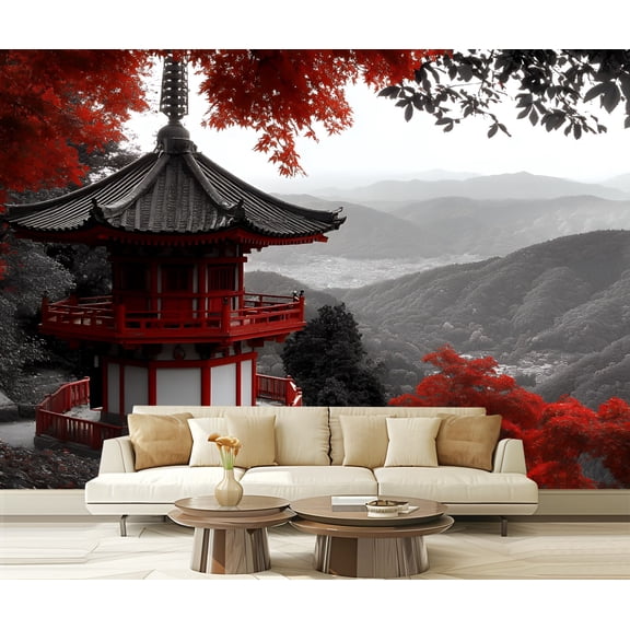 Peel and Stick Wallpaper Canvas Black White Pop Red Japanese Temple Autumn Fall Landscape Pagoda Maple Modern Art Wall Mural Decor Self Adhesive and Removable 69in x 98in