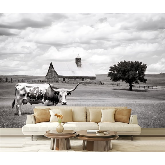 Peel and Stick Wallpaper Canvas Black White Texas Freedom Highland Cow Wild Animal Cattle Longhorn Modern Art Wall Mural Decor Self Adhesive and Removable 69in x 98in