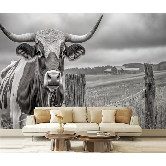 Peel and Stick Wallpaper Canvas Black White Texas Freedom Highland Cow Wild Animal Cattle Longhorn Modern Art Wall Mural Decor Self Adhesive and Removable 69in x 98in