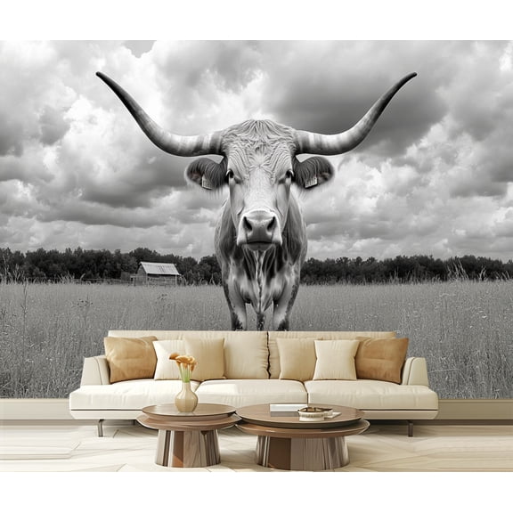 Peel and Stick Wallpaper Canvas Black White Texas Highland Cow Wild Animal Cattle Longhorn Farmhouse Modern Art Wall Mural Decor Self Adhesive and Removable 69in x 98in