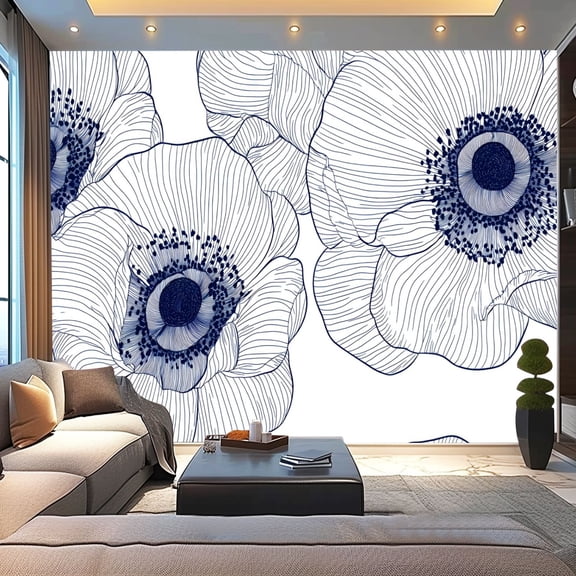 Peel and Stick Wallpaper Canvas Blue Flowers Petals Linear Patterns Repeated Motif Soft Lines Hand Modern Art Wall Mural Decor Self Adhesive and Removable 100in x 144in