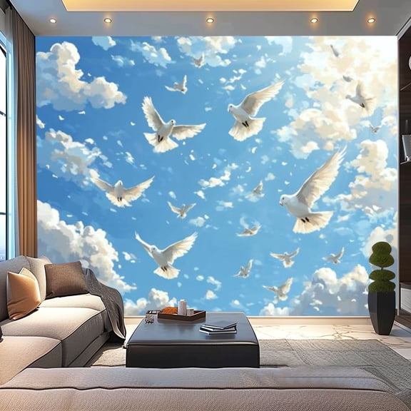 Peel and Stick Wallpaper Canvas Blue Sky White Cloud White Pigeon Birds Soft Edges Gradients Painting Modern Art Wall Mural Decor Self Adhesive and Removable 100in x 144in