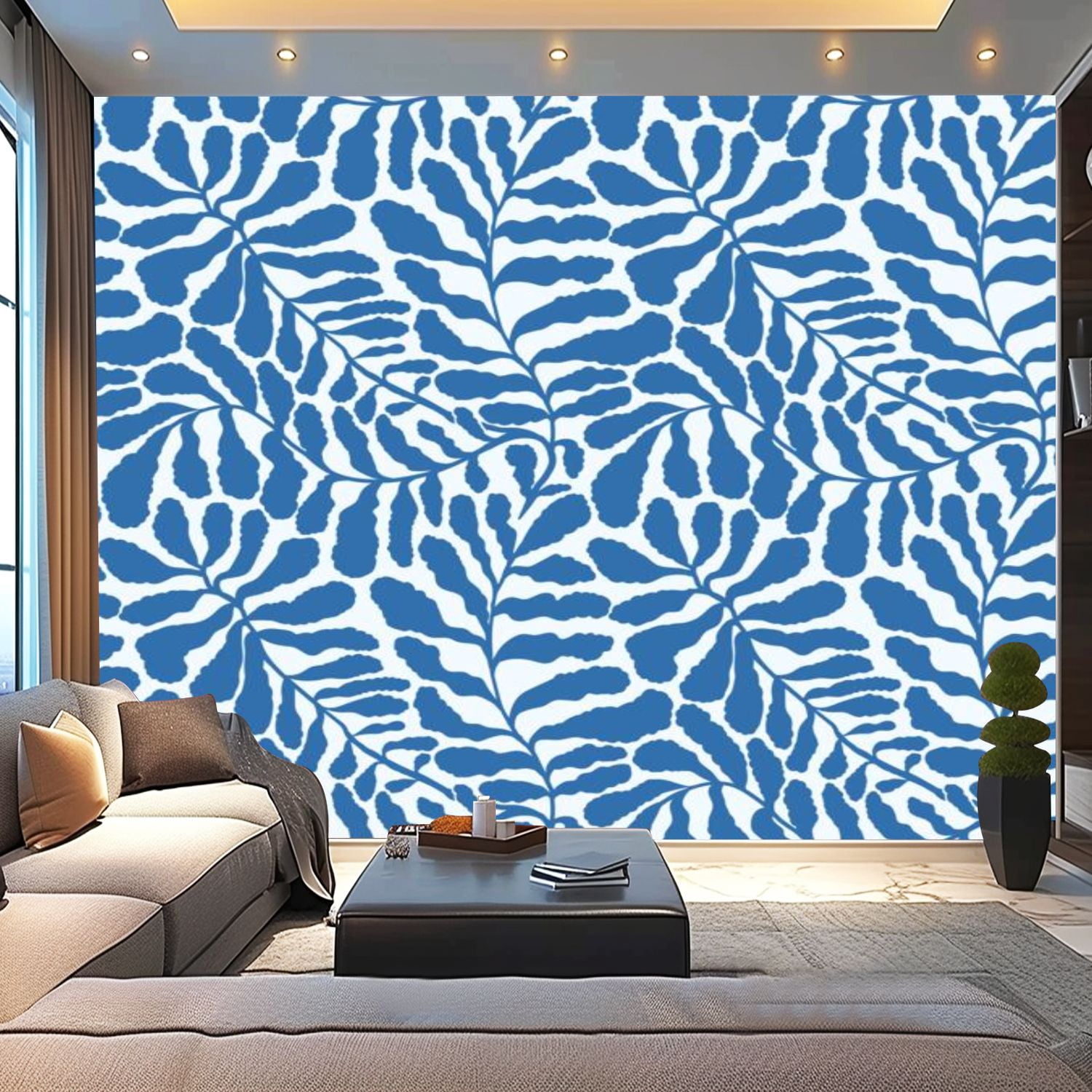 Peel and Stick Wallpaper Canvas Blue abstract seamless leaves palm ...