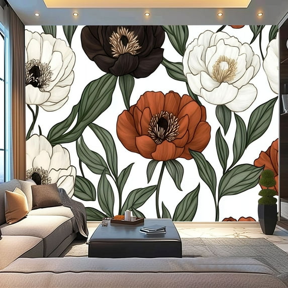 Peel and Stick Wallpaper Canvas Boho Brown Green Orange Peony Floral Vintage Peony Flowers Various Modern Art Wall Mural Decor Self Adhesive and Removable 100in x 144in
