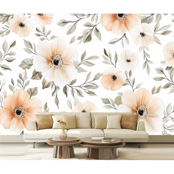 Peel and Stick Wallpaper Canvas Boho Floral Wildflowers Leaves Stems Blossoms Botanical Patterns Hand Modern Art Wall Mural Decor Self Adhesive and Removable 69in x 98in