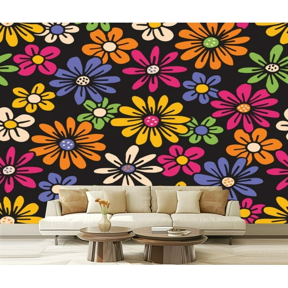 Peel and Stick Wallpaper Canvas Bright Colorful Hand Drawn Felt Tip Pen Daisies Dark Floral Seamless Modern Art Wall Mural Decor Self Adhesive and Removable 69in x 98in