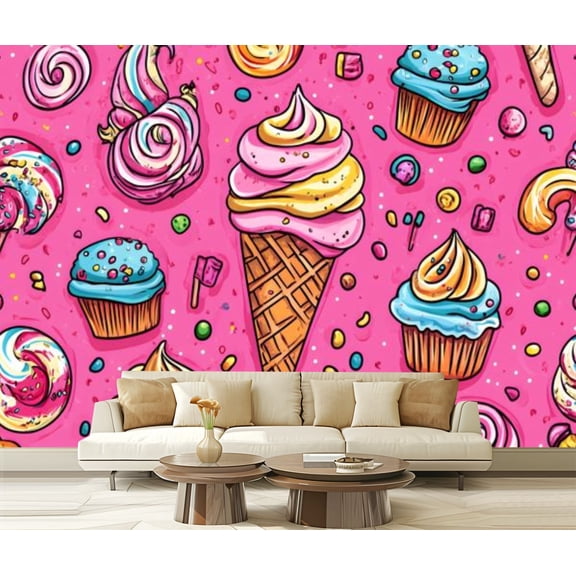 Peel and Stick Wallpaper Canvas Cartoon Hand Drawn Ice Cream Doodles Seamless Cone Cupcakes Modern Art Wall Mural Decor Self Adhesive and Removable 69in x 98in