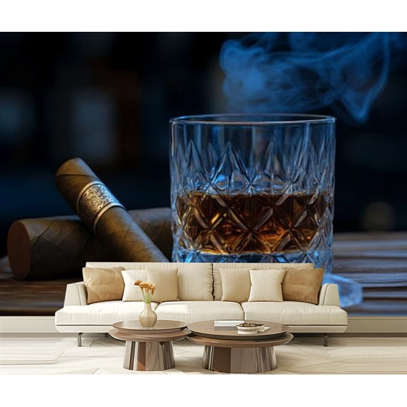 Peel and Stick Wallpaper Canvas Cigar Wine Whisky Liquor Still Life Whiskey Glass Ice Cubes Wooden Modern Art Wall Mural Decor Self Adhesive and Removable 69in x 98in
