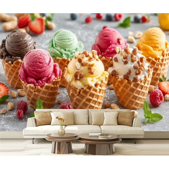 Peel and Stick Wallpaper Canvas Colorful Ice Cream Dessert Food 3D Home Decor Party Scoops Waffle Modern Art Wall Mural Decor Self Adhesive and Removable 69in x 98in