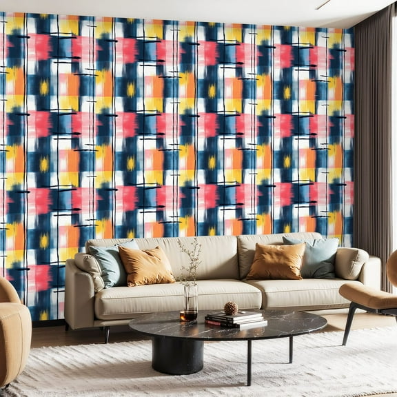 Peel and Stick Wallpaper Canvas Contact Paper Colorful Plaid Check Square Seamless Dark Blue Texture Brush Colorful Self Adhesive and Removable 24in x 118in