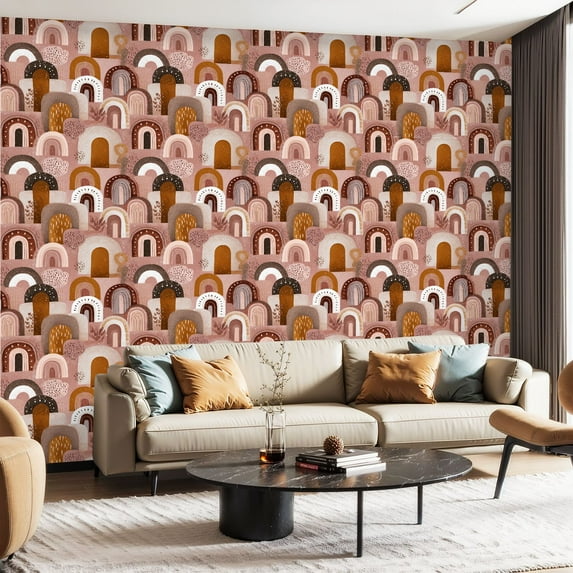 Peel and Stick Wallpaper Canvas Contact Paper Colorful Rainbow Fun Boho Boho Wallpapers Arcs Curved Lines Geometric Self Adhesive and Removable 23.6in x 118in