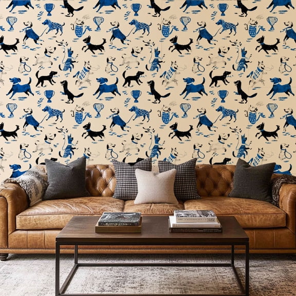 Peel and Stick Wallpaper Canvas Contact Paper Funny Dog Blue Animal Puppy Cartoon Blue Baby Nursery Dog Various Dog Self Adhesive and Removable 17.7in x 118in