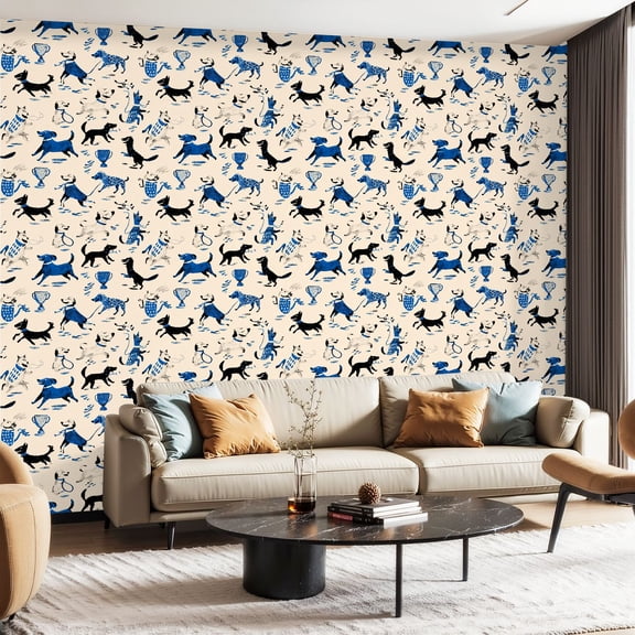 Peel and Stick Wallpaper Canvas Contact Paper Funny Dog Blue Animal Puppy Cartoon Blue Baby Nursery Dog Various Dog Self Adhesive and Removable 23.6in x 118in