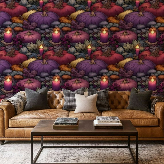 Peel and Stick Wallpaper Canvas Contact Paper Gothic Boho Plants Herbs Floral Motifs Candles Pumpkins Mushrooms Self Adhesive and Removable 17in x 118in