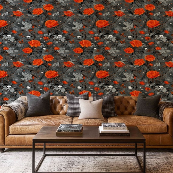 Peel and Stick Wallpaper Canvas Contact Paper Grey White Floral Gothic Horror Skull Pumpkin Web Butterfly Rose Self Adhesive and Removable 17in x 118in