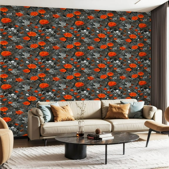 Peel and Stick Wallpaper Canvas Contact Paper Grey White Floral Gothic Horror Skull Pumpkin Web Butterfly Rose Self Adhesive and Removable 24in x 118in