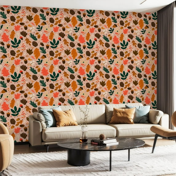 Peel and Stick Wallpaper Canvas Contact Paper Hand Drawn Autumn Nature Elements Seamless Fall Leaves Mushrooms Self Adhesive and Removable 23.6in x 118in