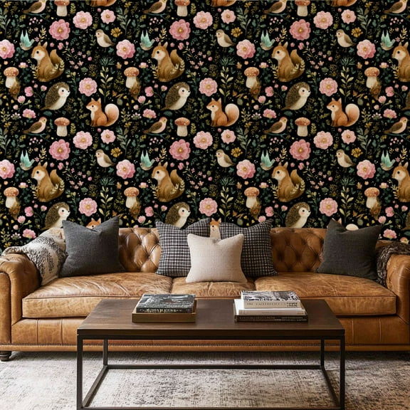 Peel and Stick Wallpaper Canvas Contact Paper Peel Stick Forest Animals Black Floral Woodland Creatures Nursery Kids Self Adhesive and Removable 17.7in x 118in