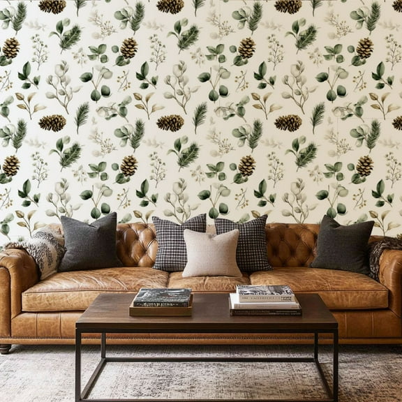 Peel and Stick Wallpaper Canvas Contact Paper Pine cones Eucalyptus Coniferous branches Winter forest plants Self Adhesive and Removable 17.7in x 118in