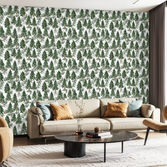 Peel and Stick Wallpaper Canvas Contact Paper Season Greeting Hand drawn Christmas seamless pine trees Leave Pine Self Adhesive and Removable 23.6in x 118in
