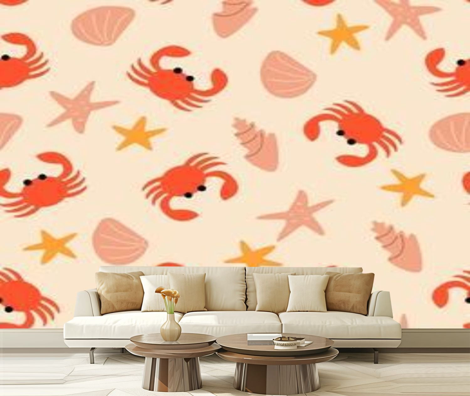 Peel and Stick Wallpaper Canvas Cute seamless shells starfish crabs ...