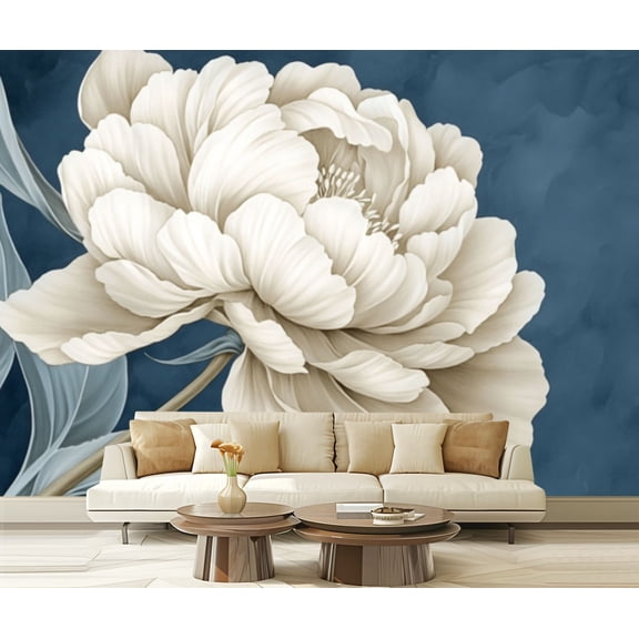 Peel and Stick Wallpaper Canvas Dark Blue Floral Vintage Beige Flower Chinoiserie Peony Petals Leaves Modern Art Wall Mural Decor Self Adhesive and Removable 69in x 98in