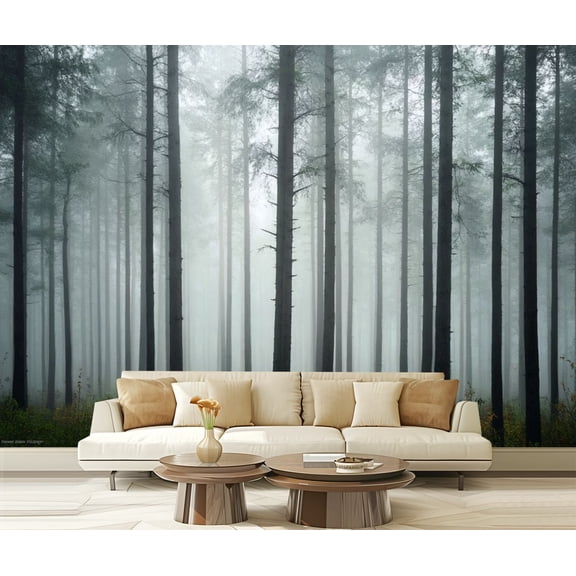 Peel and Stick Wallpaper Canvas Dark Forest Tree Mural Woodland Natural Landscapes Tall Trees Mist Modern Art Wall Mural Decor Self Adhesive and Removable 69in x 98in
