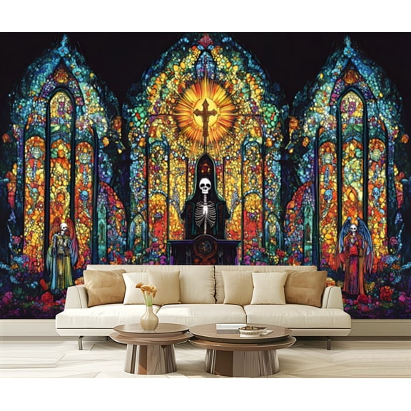 Peel and Stick Wallpaper Canvas Day Dead Black Light Reactive Suger Skull Glow Dark Church Skeleton Modern Art Wall Mural Decor Self Adhesive and Removable 69in x 98in