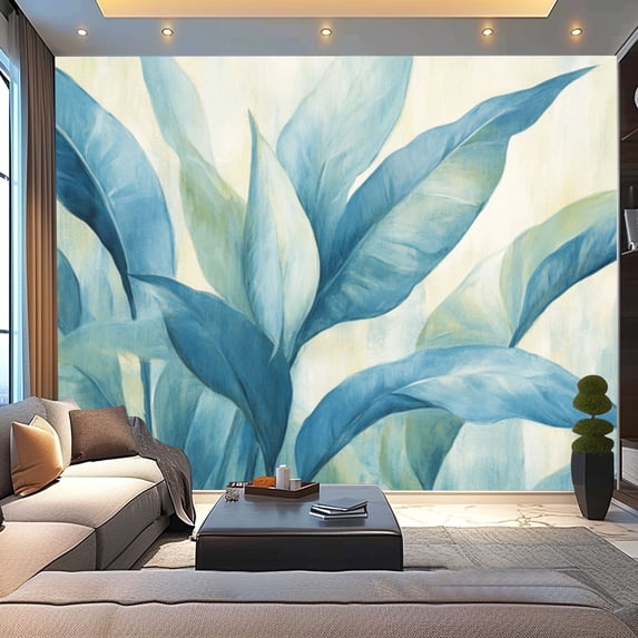 Peel and Stick Wallpaper Canvas Designer Tropical Bahamian Breeze Collection Azure Palm Leaves Banana Modern Art Wall Mural Decor Self Adhesive and Removable 100in x 144in