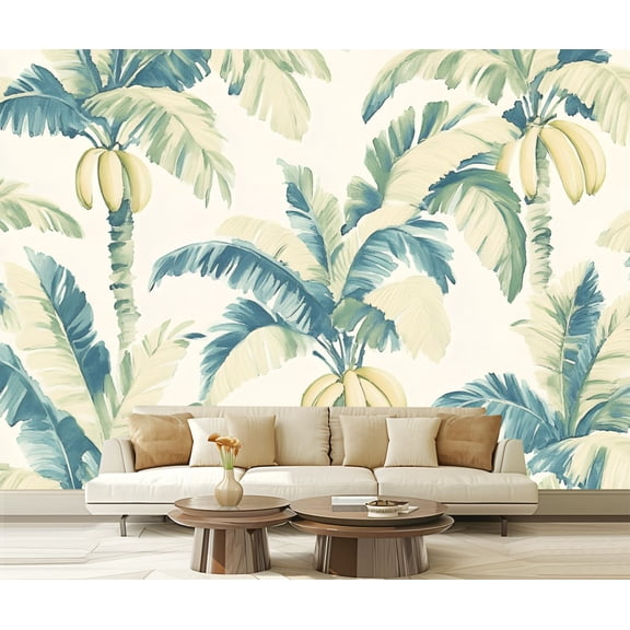 Peel and Stick Wallpaper Canvas Designer Tropical Bahamian Breeze Collection Azure Palm Leaves Banana Modern Art Wall Mural Decor Self Adhesive and Removable 69in x 98in